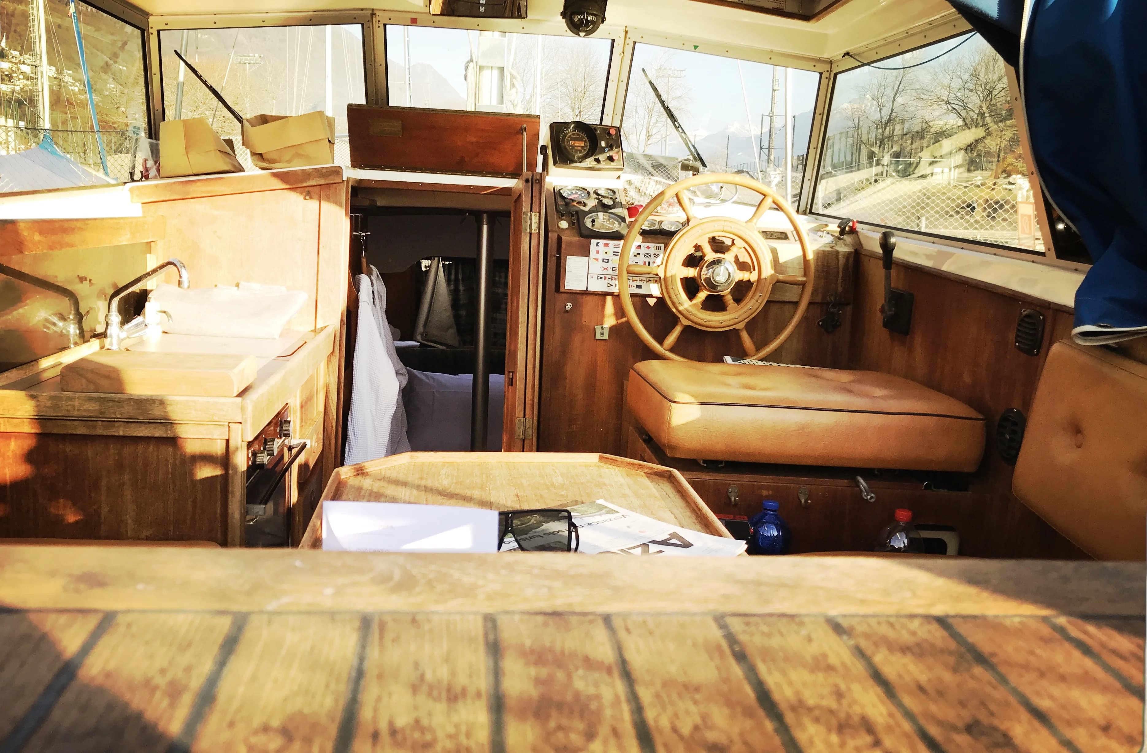 Cockpit seating with marina reflections
