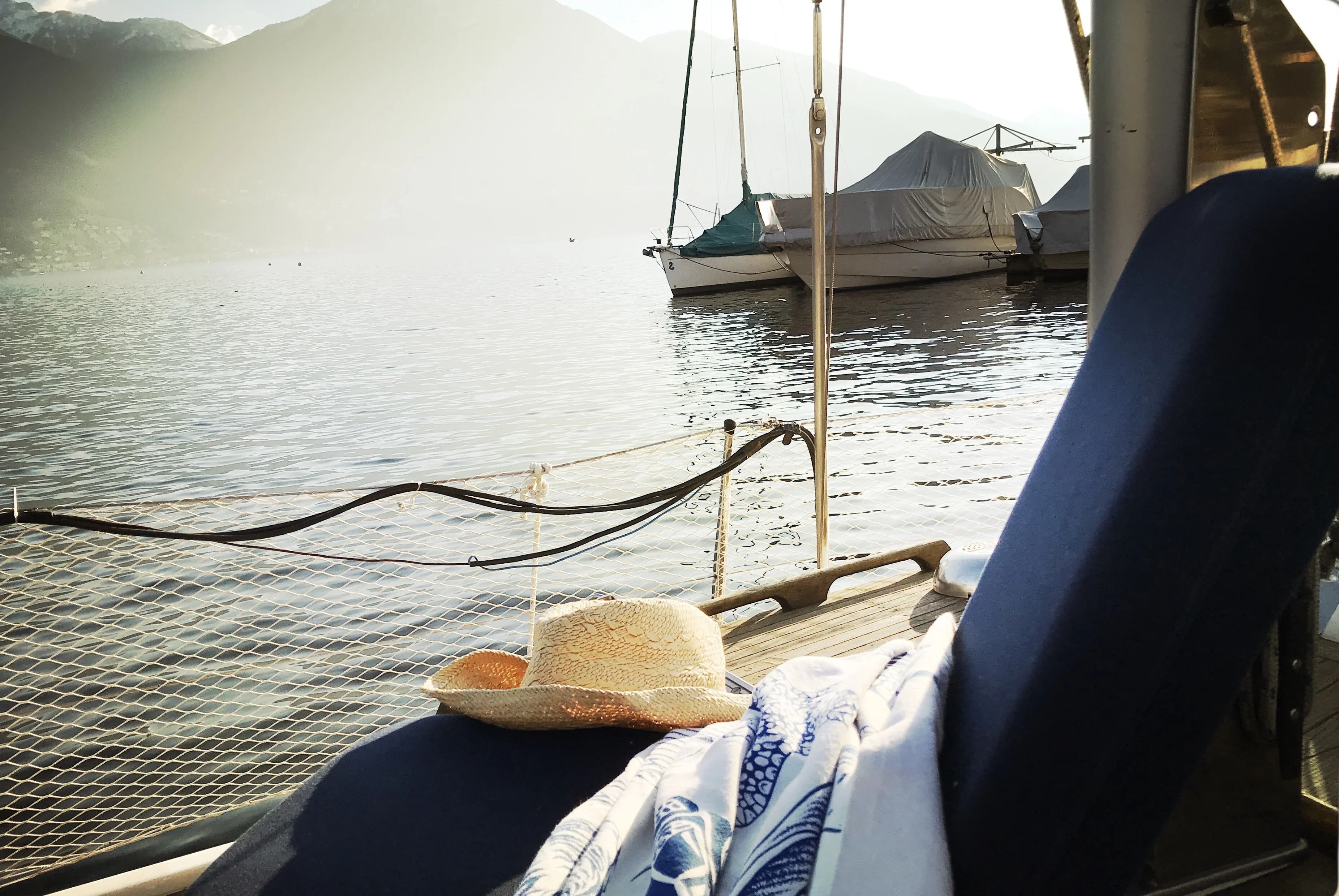 Dockside view across calm water