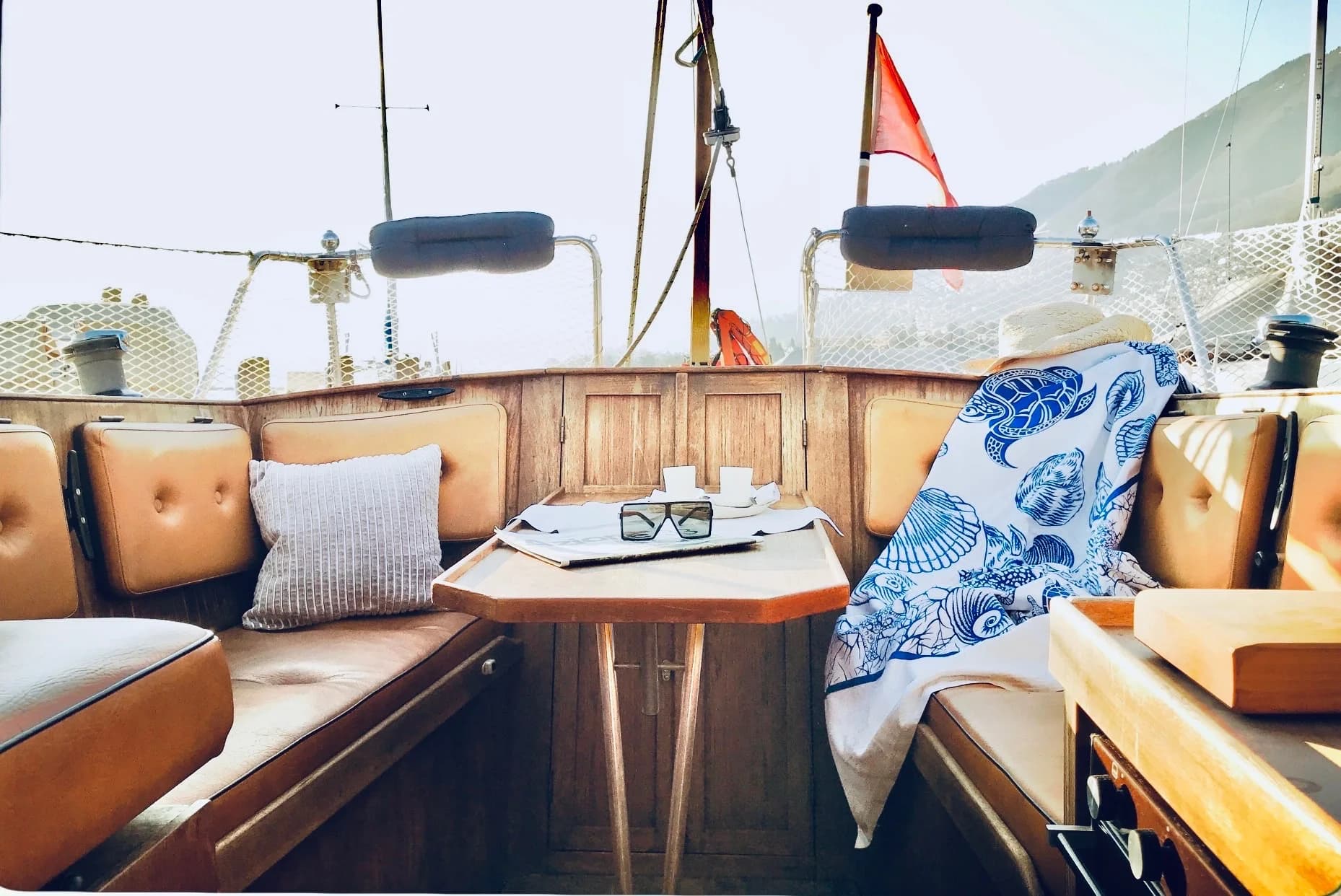 Cockpit lounge with table and lake light