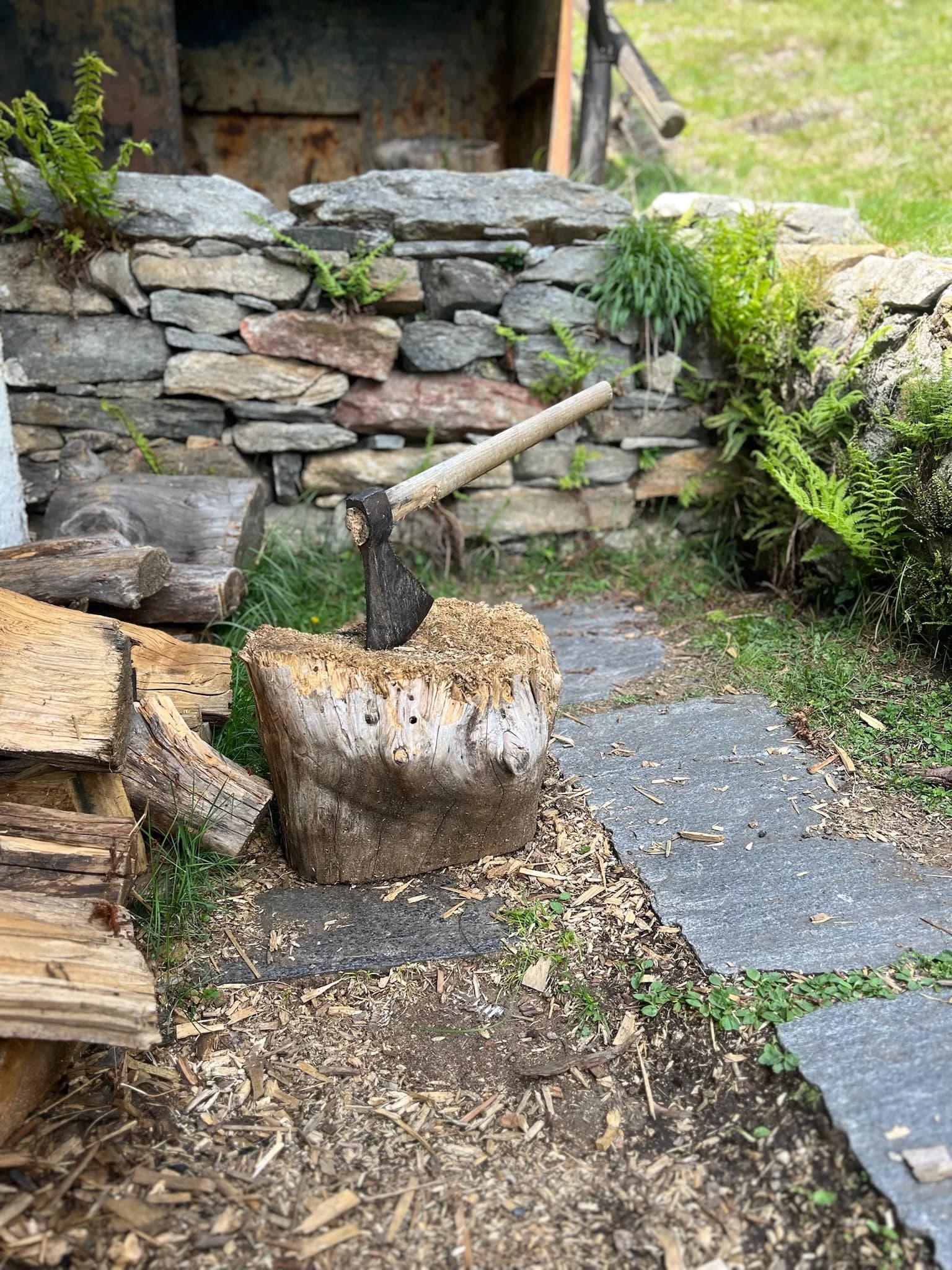 Axe and firewood beside the stone path