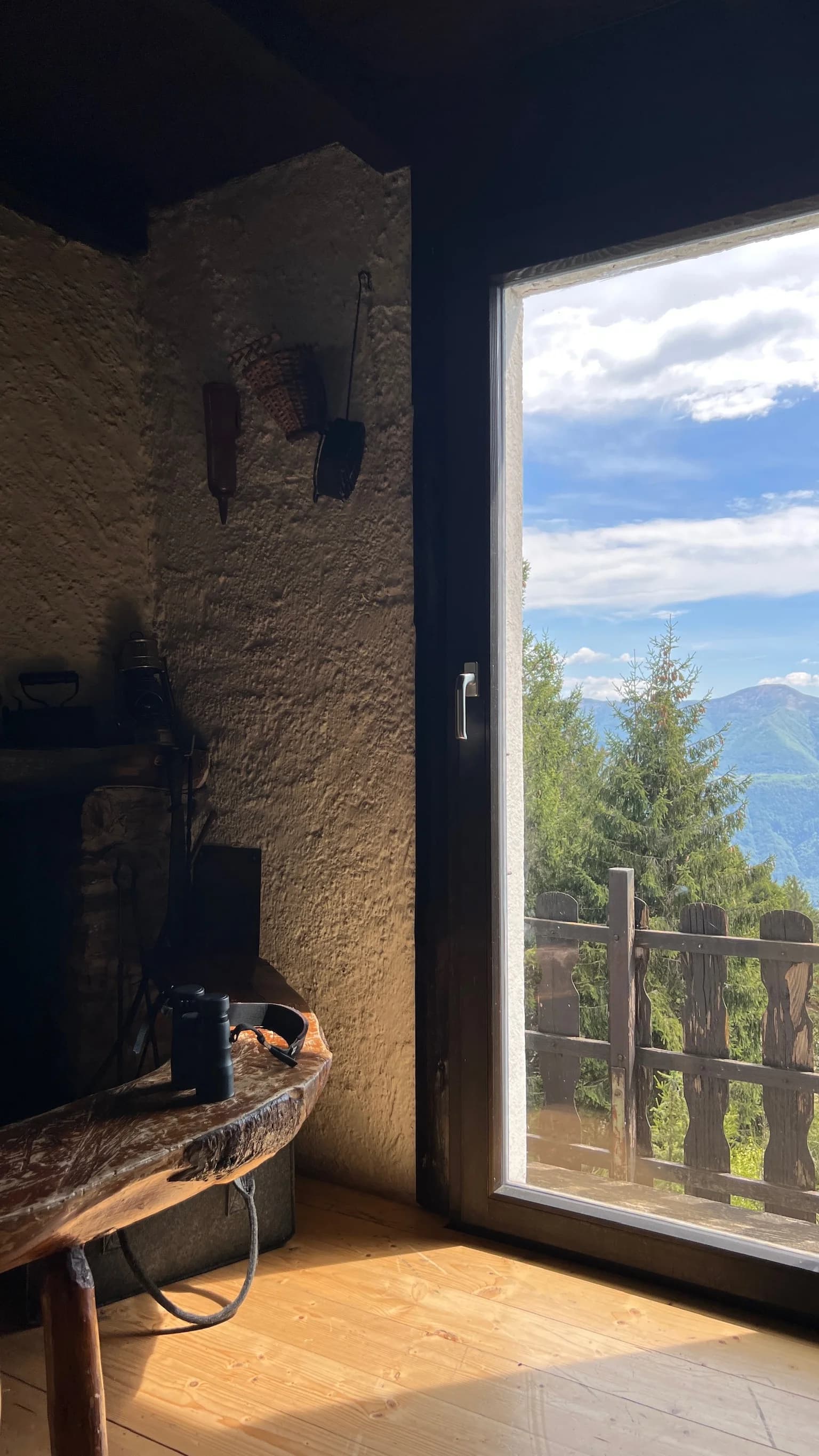 Cabin interior with timber wall and soft light