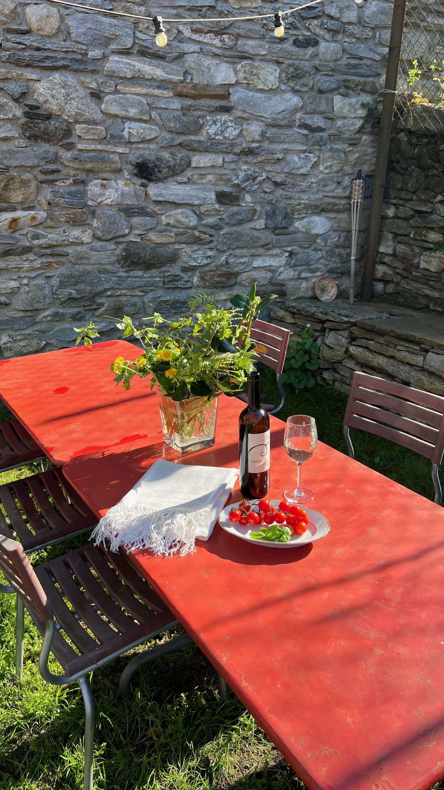 Garden table set with local food and wine