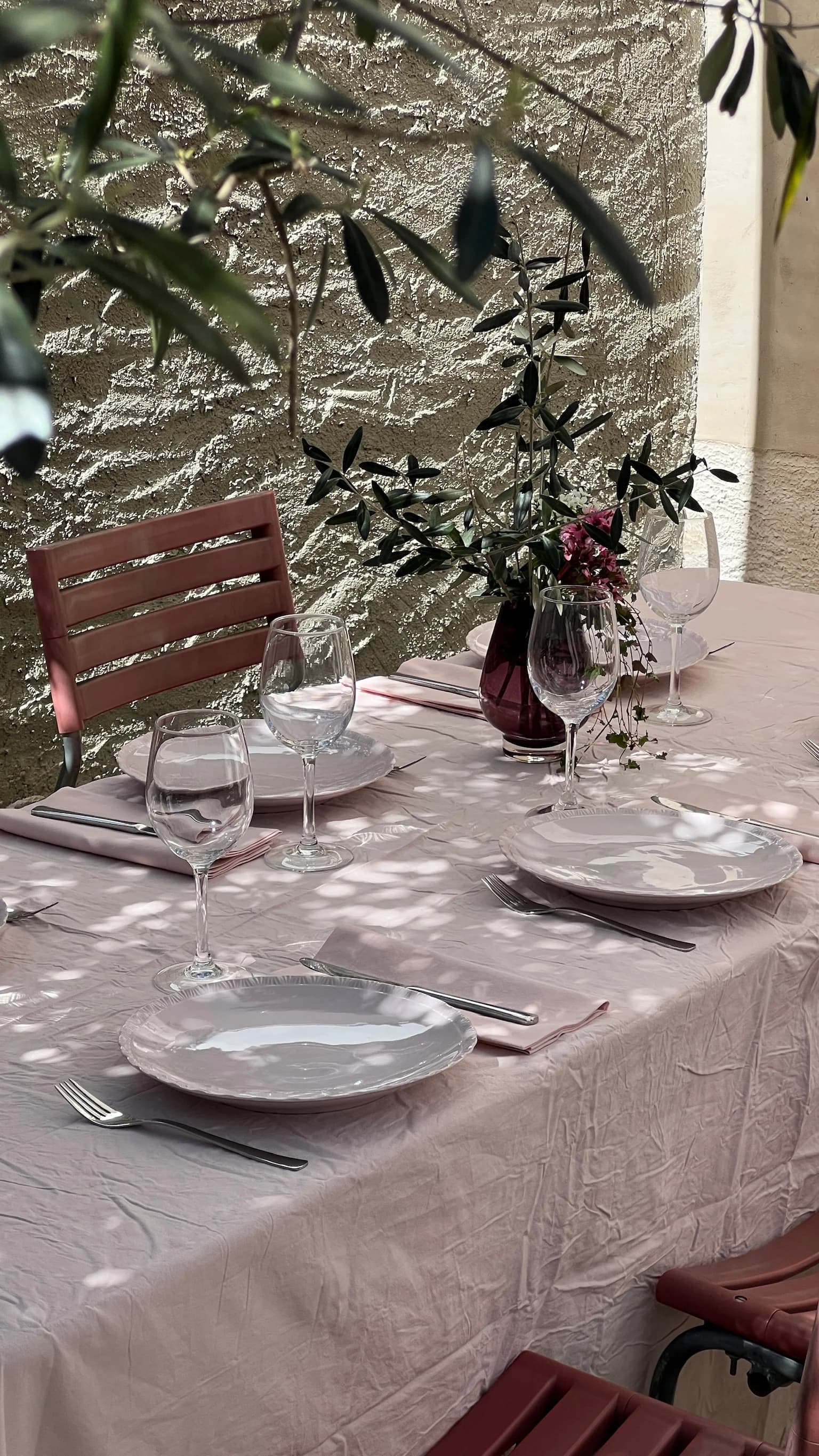 Patio dining table beneath olive branches